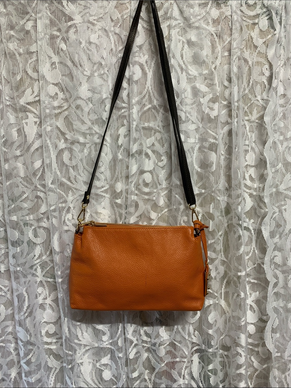 Valentina Orange Leather Crossbody Bag with Black Strap